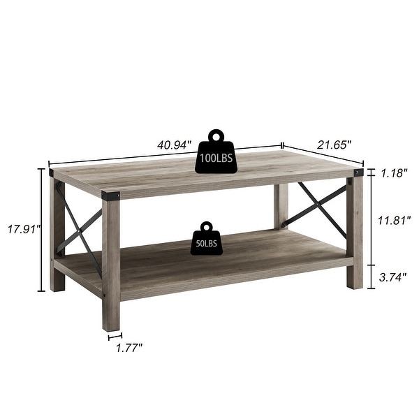 2-Tier Modern Farmhouse Coffee Table， Wood Rectangle Cocktail Table with Metal X- Frame ( 40.94