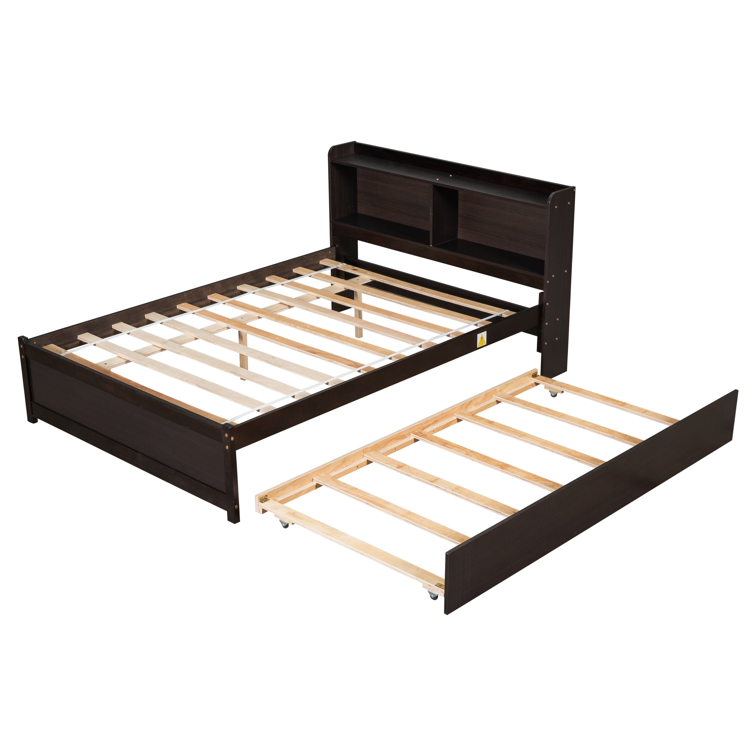 Full Bed Frame with Trundle Included, BTMWAY Wood Platform Bed with Storage Bookcase and Headboard, No Box Spring Needed, Full Size Bed Frame for Kids Boys Girls Teens, 85''x57.5''x36.7'', Espresso