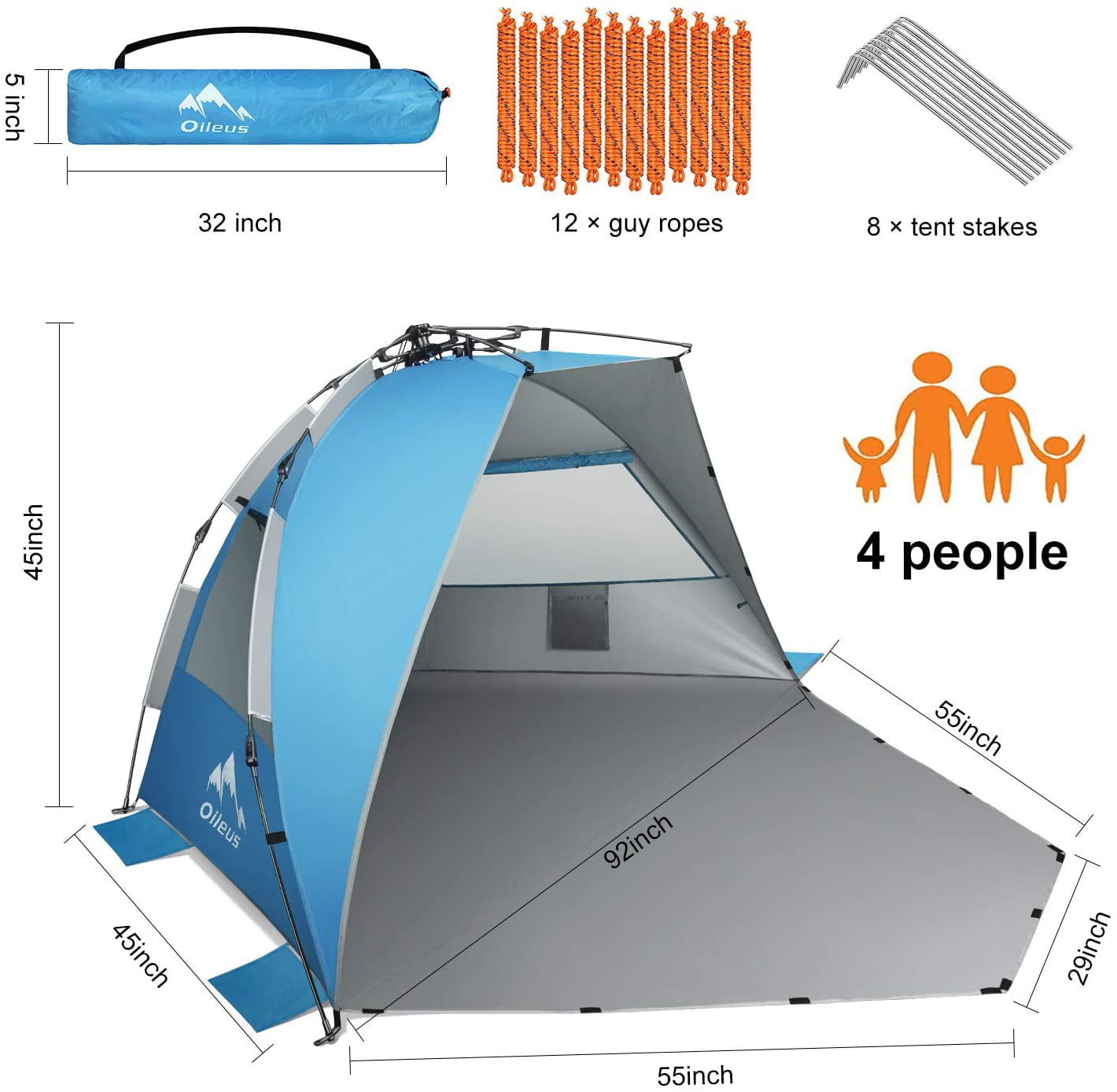 Oileus Beach Tent X-Large 4 Person Tent Sun Shelter， Pop Up Tents， Portable Sun Shade for Beach with Carry Bag， Stakes， 6 Sand Pockets， Anti UV for Fishing Hiking Camping， Waterproof， Windproof， Blue