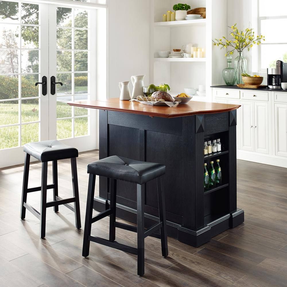 CROSLEY FURNITURE Coventry Black Drop Leaf Kitchen Island with Saddle Stools KF300074BK