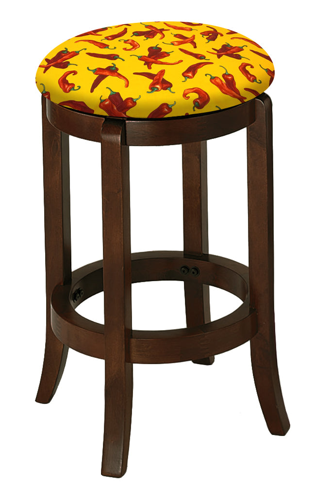 The Furniture King Wood Bar Stool Espresso Finish 24 Tall Kitchen Game Room Stool with Your Favorite Novelty Theme Fabric Covered Swivel Seat Cushion (Chili Peppers)