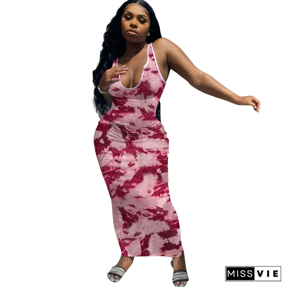 Women Summer Fashion Tie Dye Print V-neck Sleeveless Sexy Night Party Bodycon Long Dresses