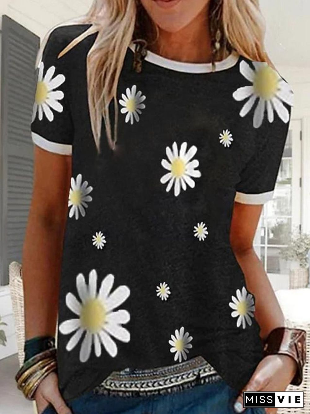 Women's T-shirt Floral Graphic Prints Flower Round Neck Tops Basic Top Black Blue Red