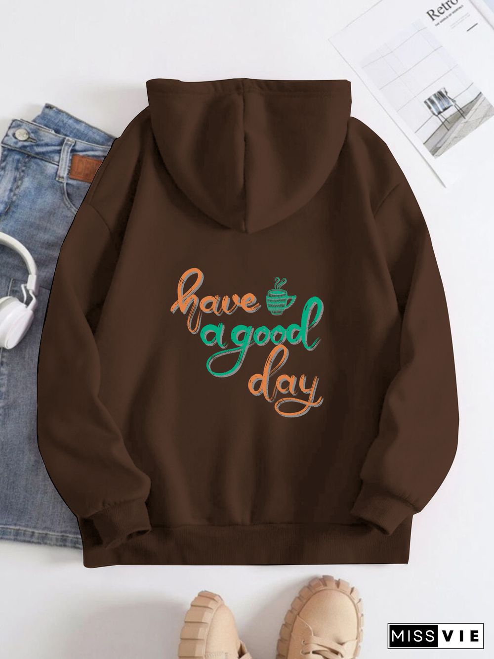 Printed on the Back Kangaroo Pocket Hoodie Long Sleeve for Women Pattern Have a Good Day