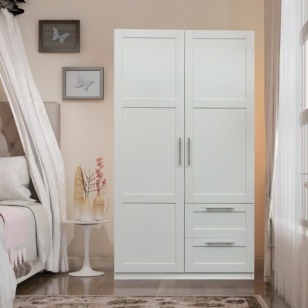 Wood High Wardrobe with 2 Drawers， 5 Storage Space and 2 Doors - - 36394606