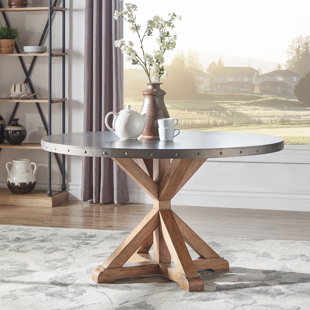 Albee Round Stainless Steel Top Dining Table with Poplar X base by iNSPIRE Q Artisan   Round Stainless Steel Dining Table