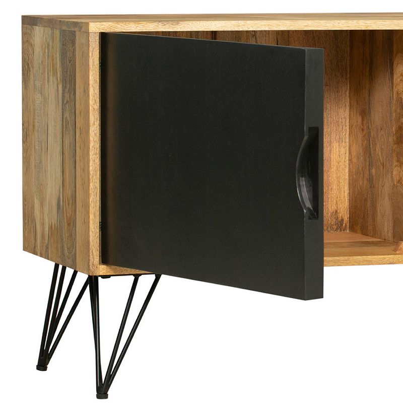 TV Entertainment Unit with 2 Doors and Wooden Frame， Oak Brown and Black