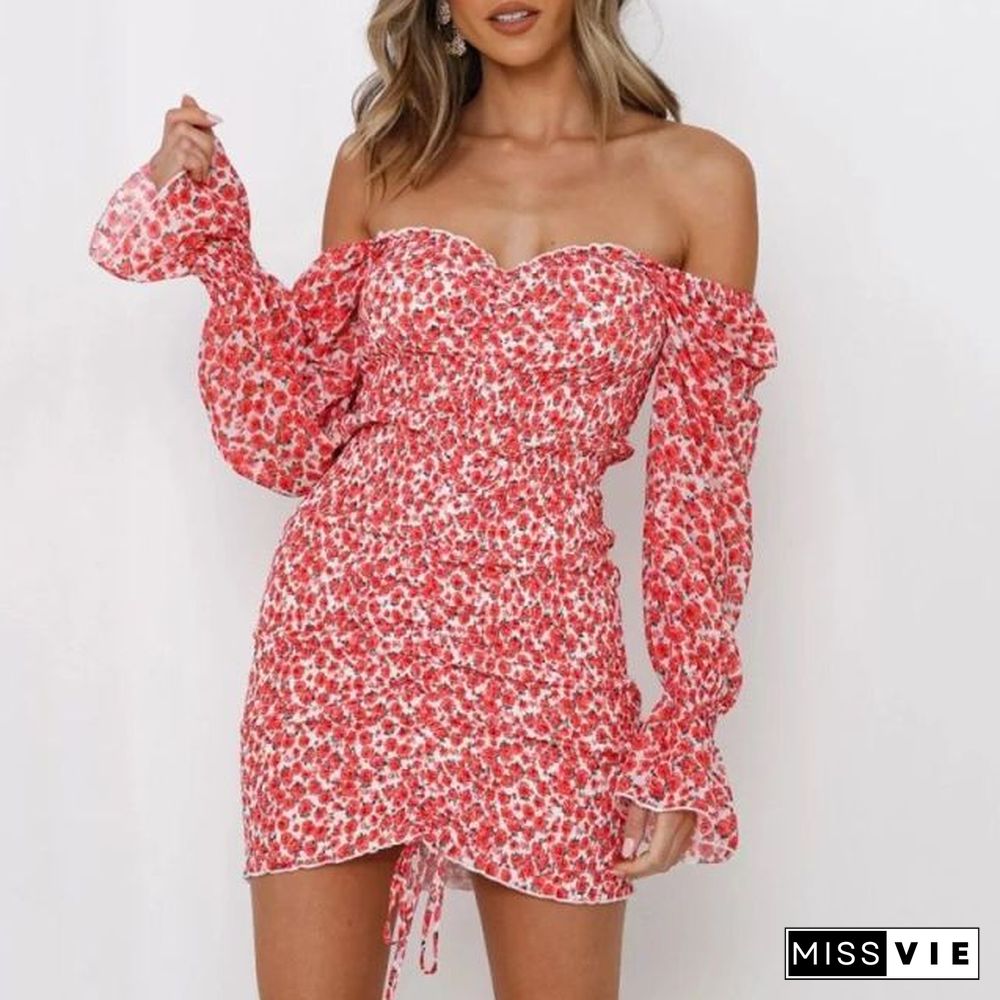 sexy floral print shirred dress women square neck long sleeve slim mini dress chiffon dress