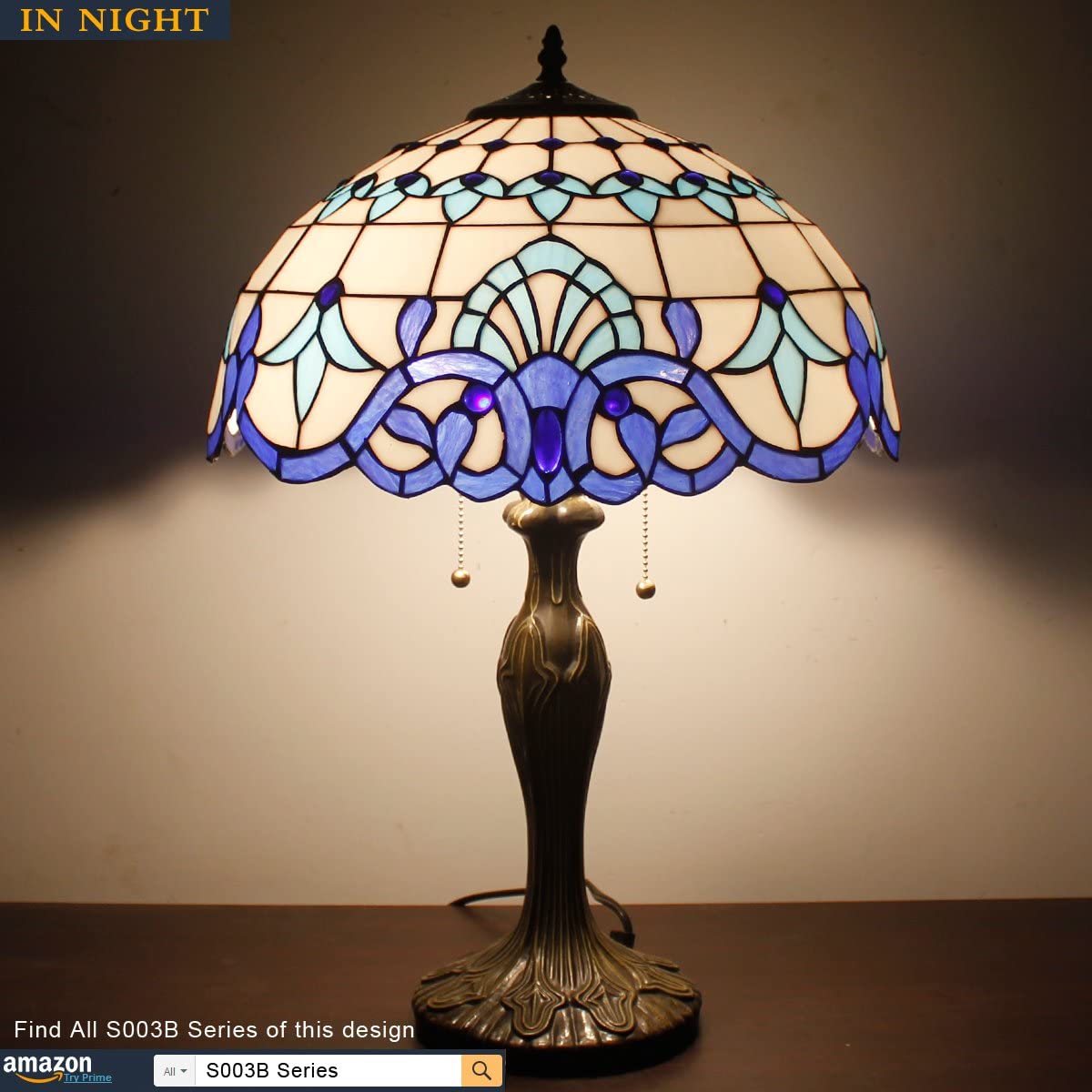  Lamp Blue Navy White Stained Glass Baroque Bedside Table Lamp Style Desk Light Metal Base 16X16X24 Inches Decor Bedroom Living Room Home Office S003B Series