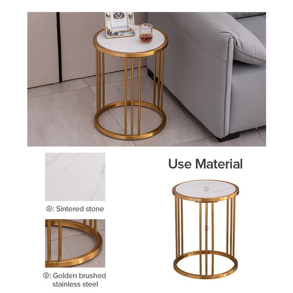 Round Side/ End table Sintered Stone with Golden Stainless Steel Frame