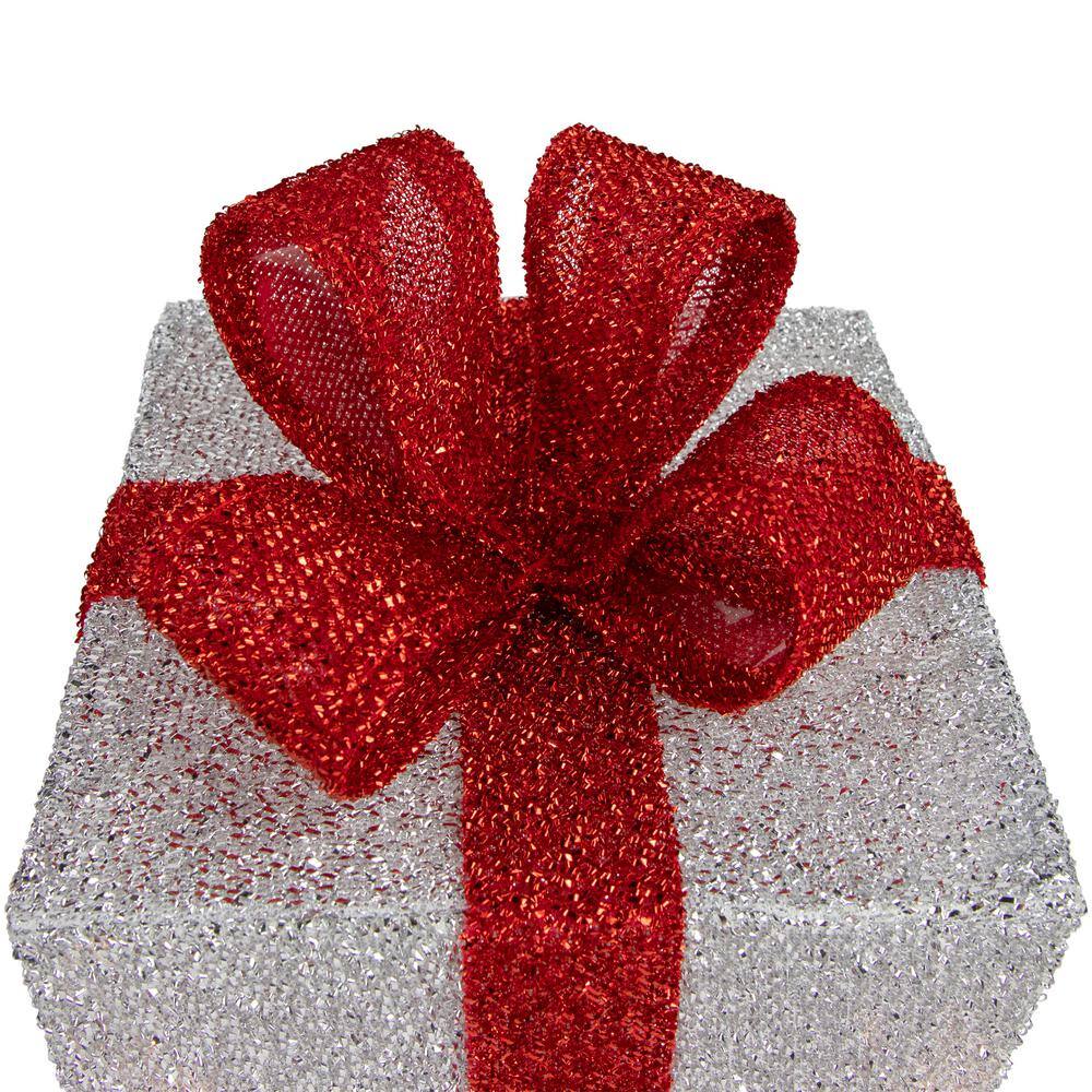 9 in. Christmas Outdoor Decorations Silver Tinsel Gift Boxes with Red Bows Lighted (3-Pack) 31458001