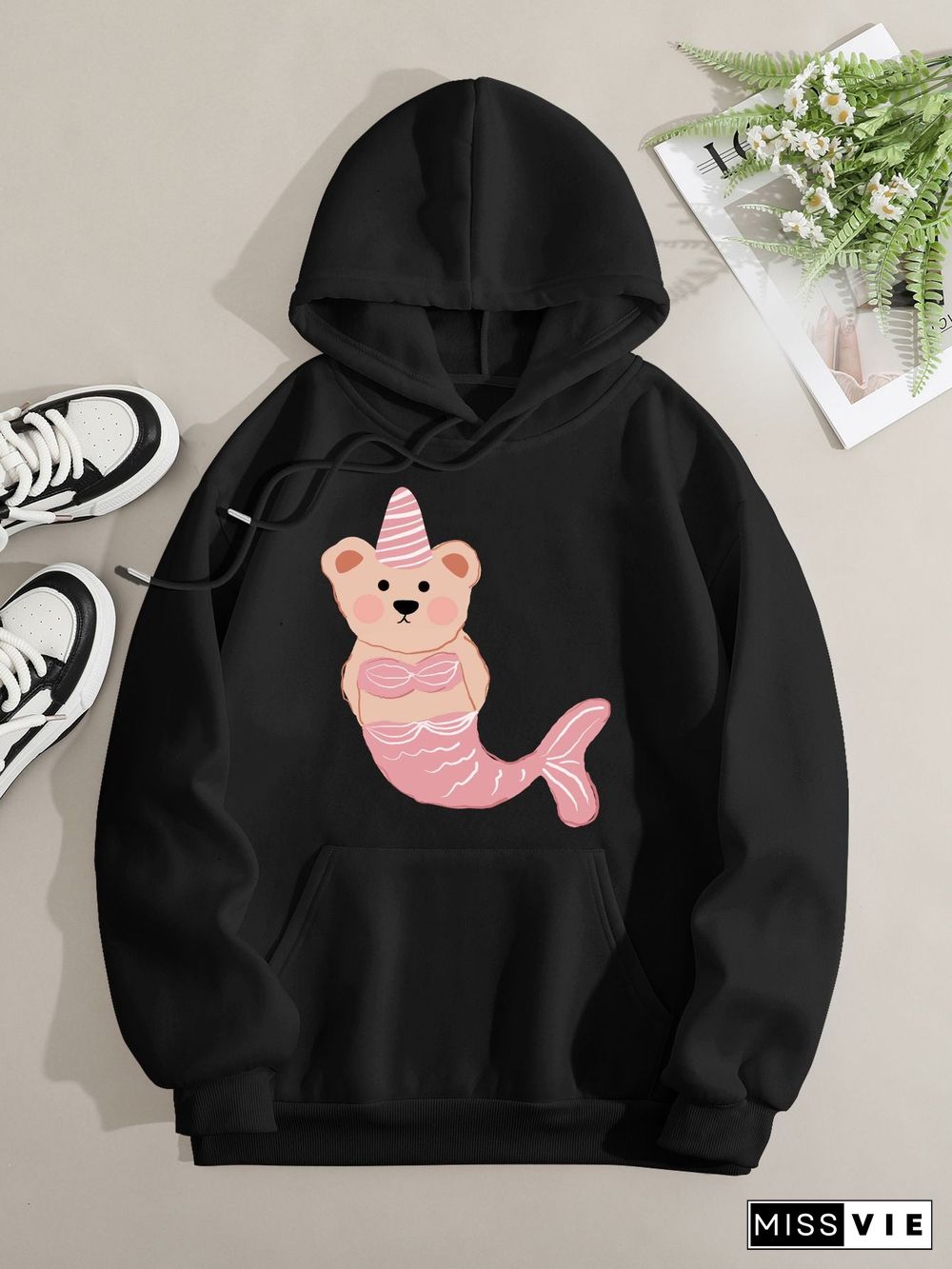 Printed on front Kangaroo Pocket Hoodie Long Sleeve for Women Pattern Mermaid Bear