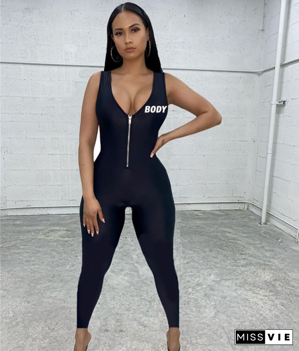 V neck Zipper Sleeveless Bodycon Gym Sports Jumpsuit