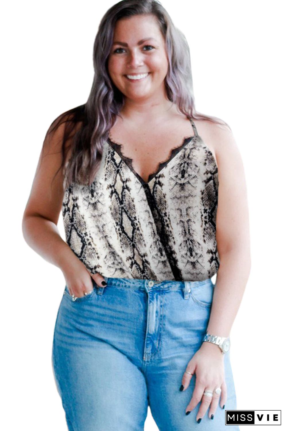 Plus Size Snakeskin Lace Splicing Spaghetti Strap Tank Top