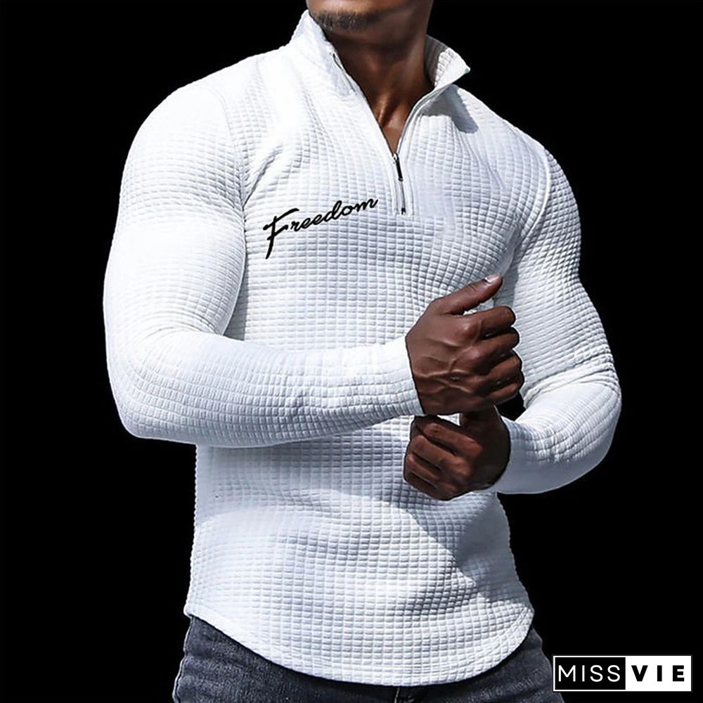 Sporty Stand Collar Zipper Waffle Long Sleeve Polo Shirt