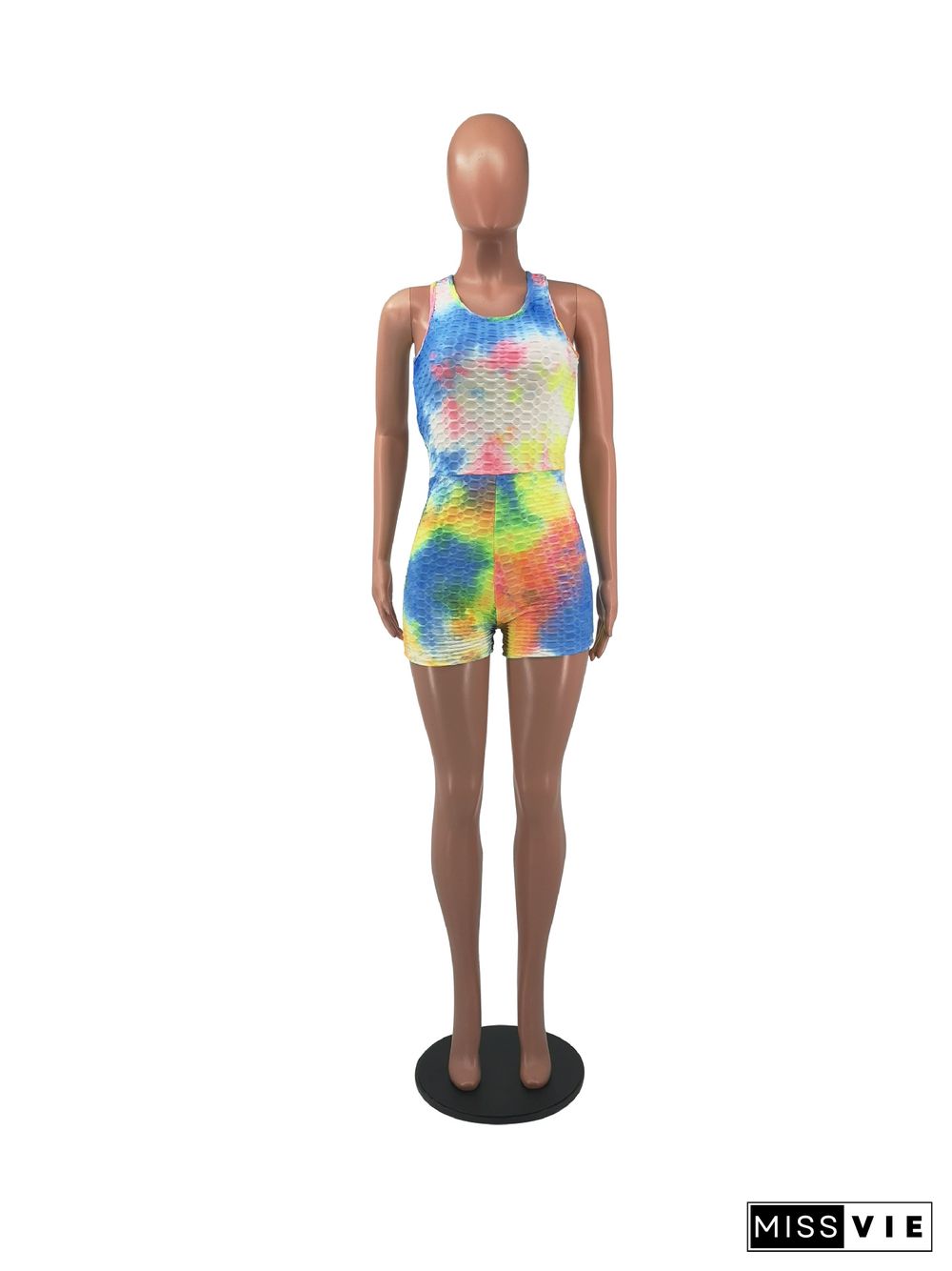 Summer Women Sexy Tie Dye Print Sleeveless Hollow Out Backless O-Neck Bodycon Rompers