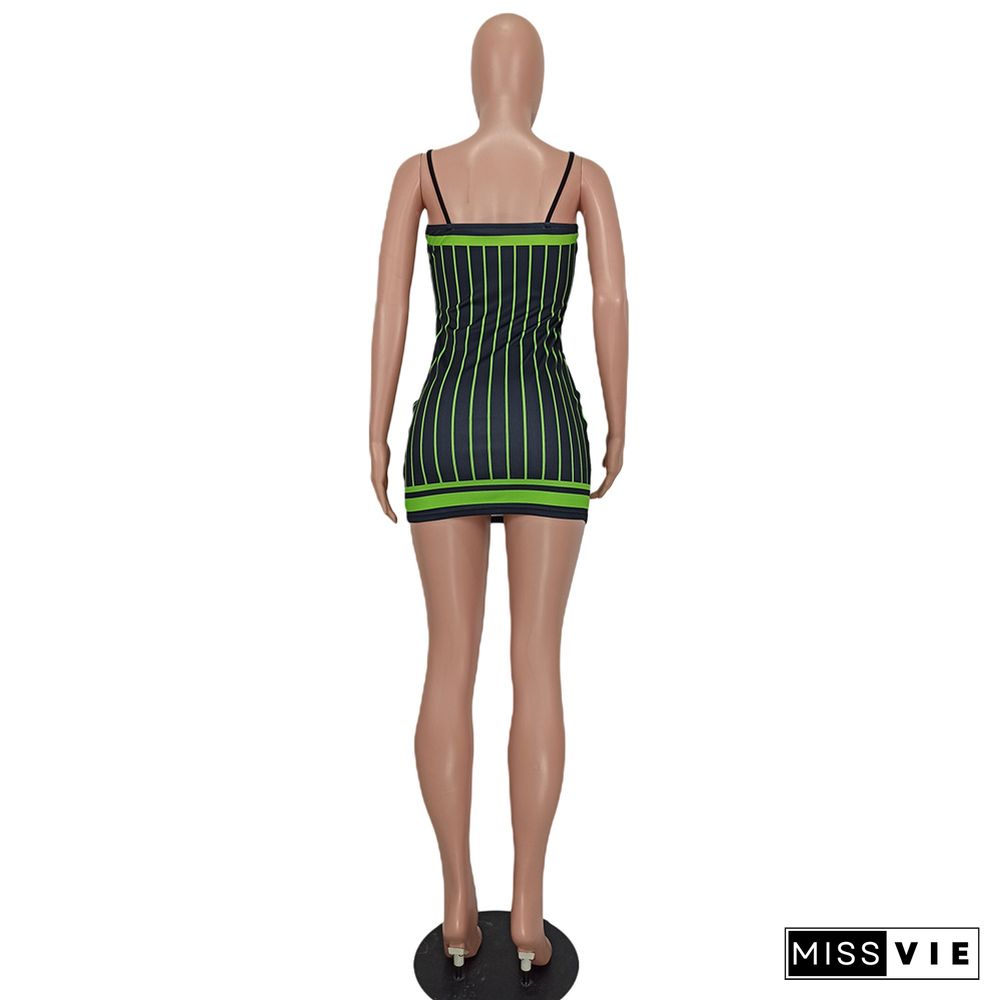 Y2K Striped Print Bodycon Strap Mini Dress