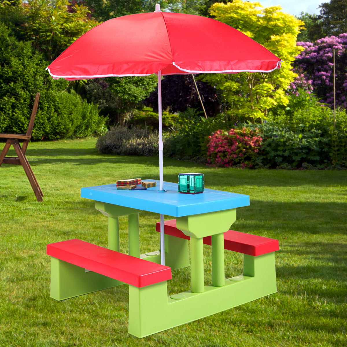 Tobbi 4 Seat Kids Picnic Table Bench Set Colorful Portable Garden Yard Bench W/ Removable Umbrella