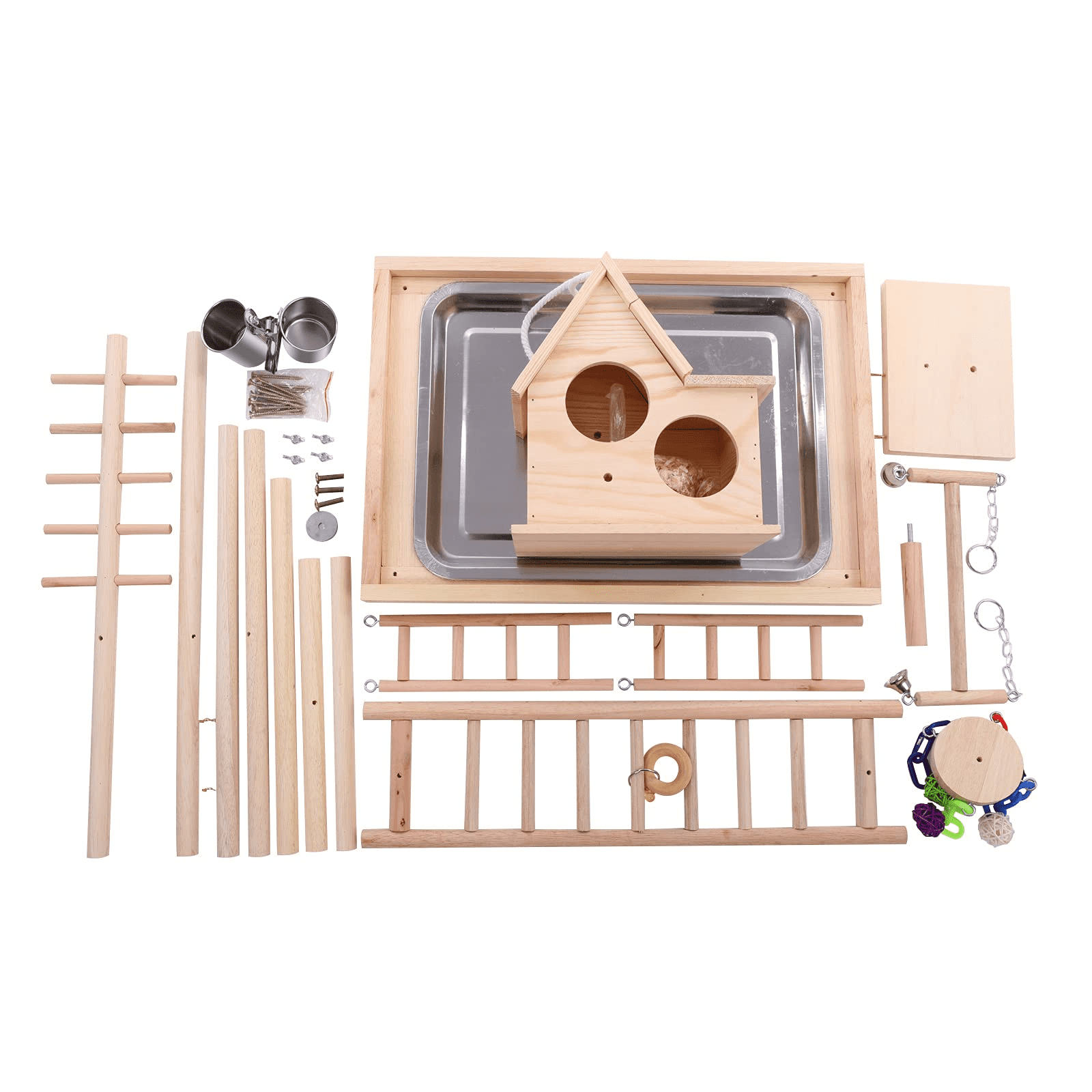 QBLEEV Bird's Nest Bird Perches Play Stand Gym Parrot Playground Play gym Playpen Play stand Swing Bridge Tray Wood Climb Ladders