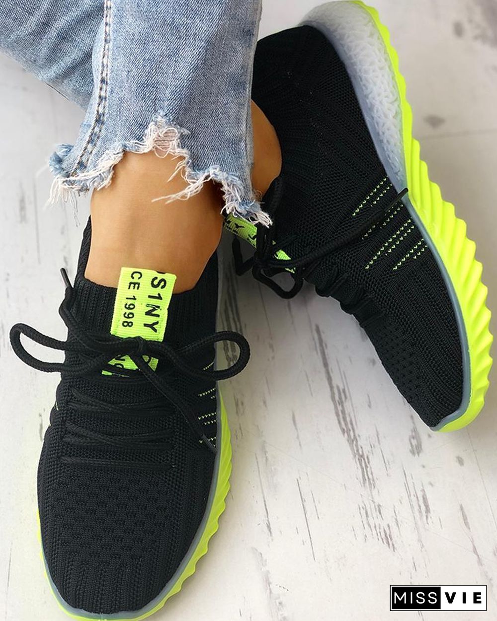 Colorblock Knitted Breathable Lace-Up Yeezy Sneakers