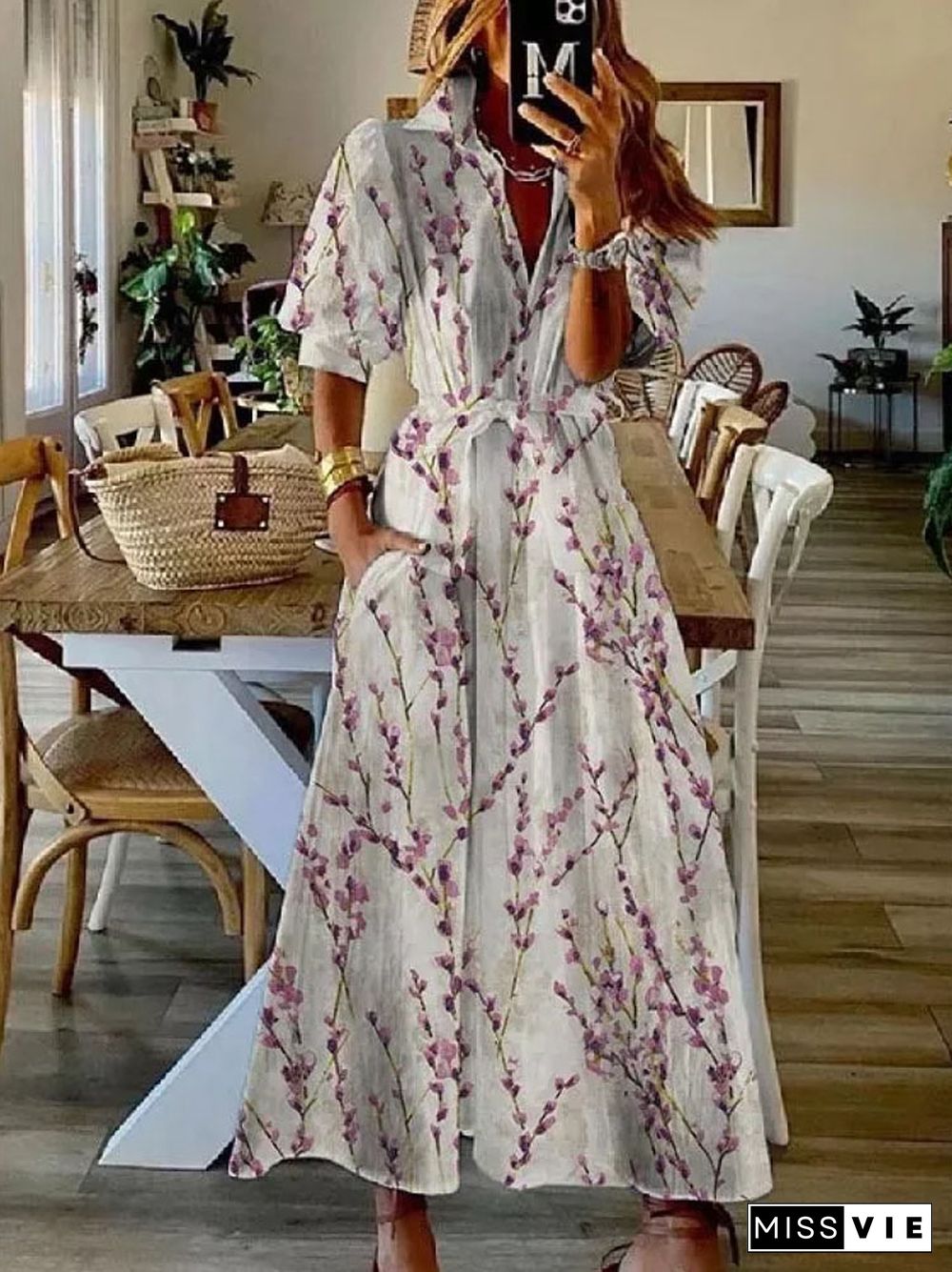 Casual Summer Pattern Printed Shirts Long Dress Ladies Fashion Short Sleeve Lapel Lace Up Dress Retro Loose A-Line Women Dresses