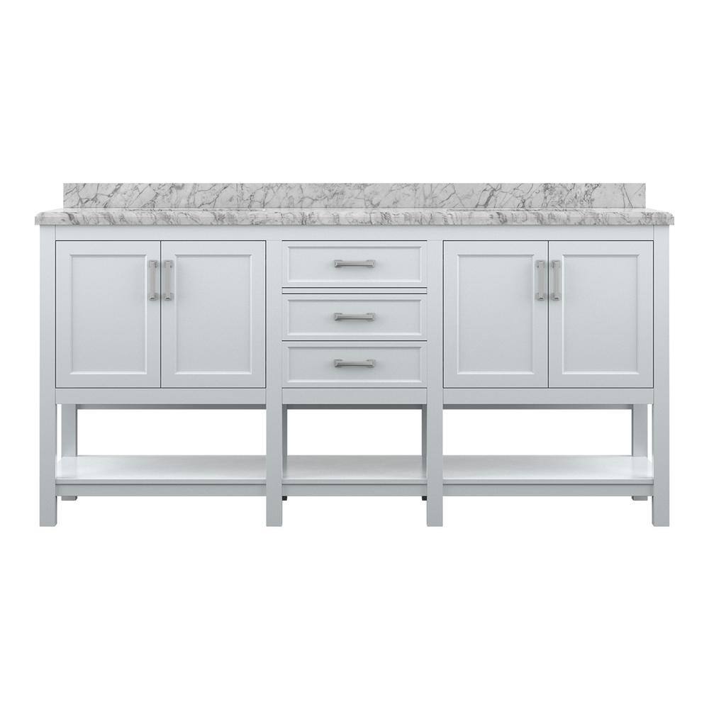 Home Decorators Collection Everett 72 in. W x 22 in. D Vanity Cabinet in White with Carrara Marble Vanity Top in White with White Basins EEWVT7222D