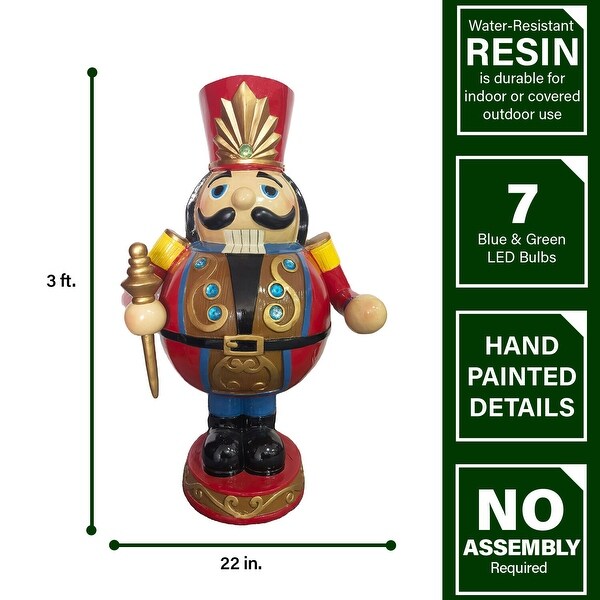 Fraser Hill Farm 3Ft. Roly Poly Nutcracker Toy Soldier，Resin Staue w/ LED Lights，Christmas Decor，Red