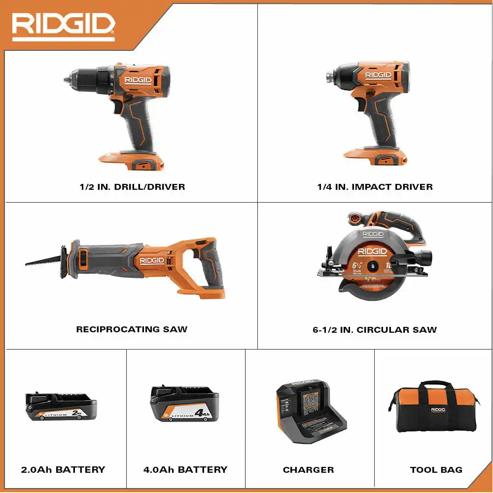 Ridgid 18V Cordless 4-Tool Combo Kit with (1) 4.0 Ah Battery， (1) 2.0 Ah Battery， Charger， and Bag