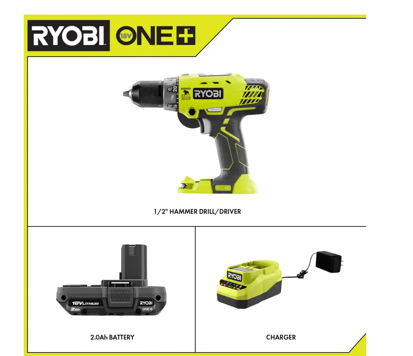 RYOBI P214-PSK005 ONE+ 18V Cordless 1/2 in. Hammer Drill/Driver with Handle with 2.0 Ah Battery and Charger