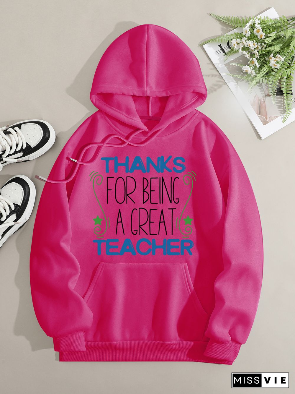 Printed on front Kangaroo Pocket Hoodie Long Sleeve for Women Pattern Thank you teacher