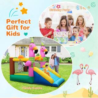 Costway Flamingo-Themed Bounce Castle 7-in-1 Kid Inflatable Jumping House Bounce House Without Blower NP10857