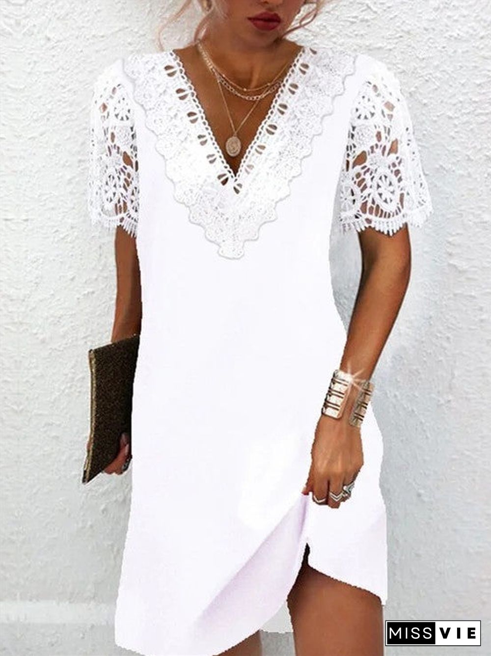 Women's Short-sleeved Lace V-neck Solid Color Casual Dress