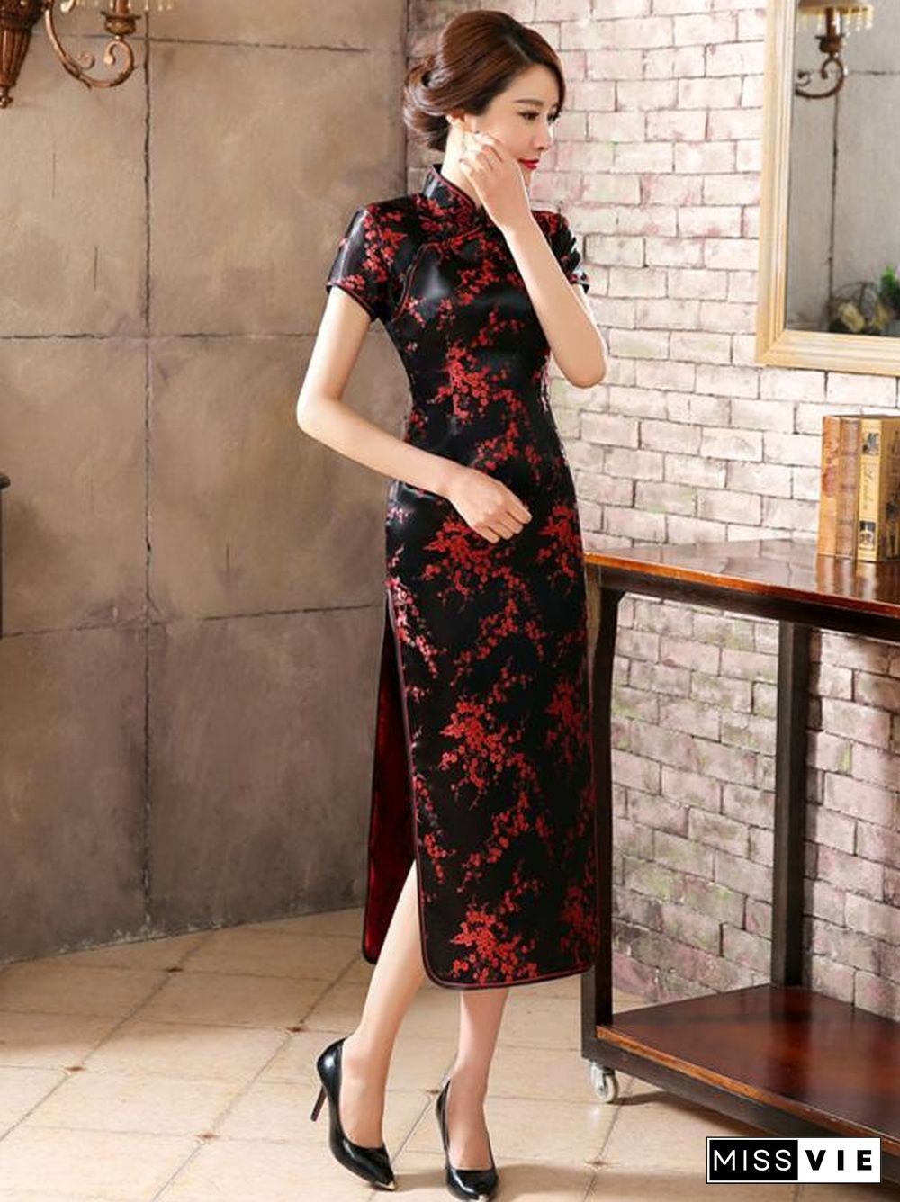 Black Red-flower Print Split-side Long Cheongsam