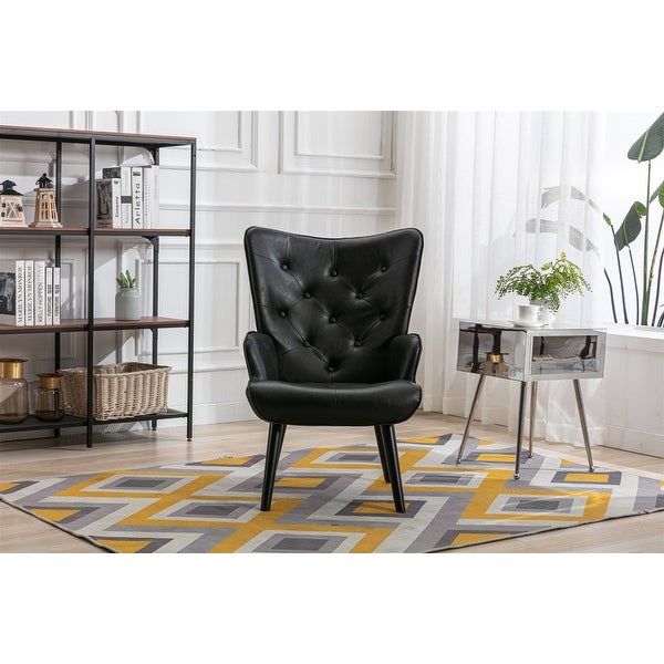 PU Leather Accent Chair for Living Room， Modern Tufted Button Wingback Reading Chair Arms Side Chair with Solid Wood Legs