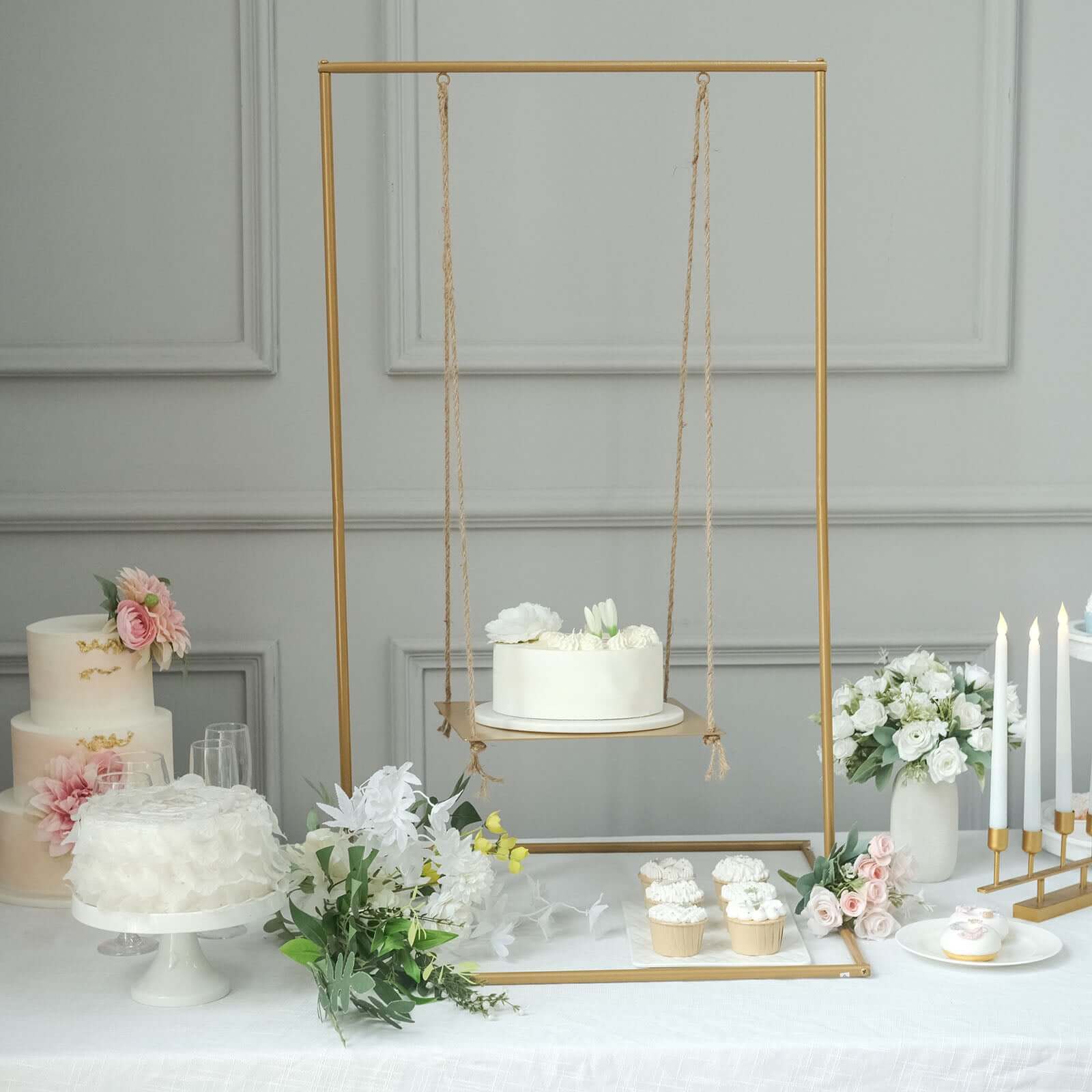 Gold Metal Hanging Dessert Display Centerpiece with Jute Rope, Cake Stand Swing 3ft Tall