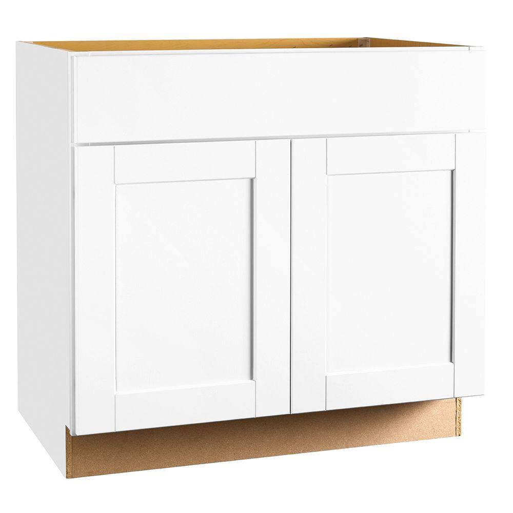 Hampton Bay Shaker 36 in. W x 24 in. D x 34.5 in. H Assembled Sink Base Kitchen Cabinet in Satin White KSB36-SSW