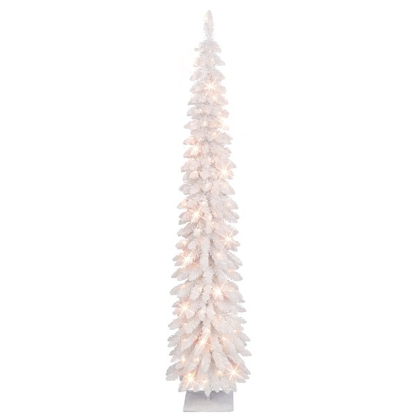 Puleo International 7 ft PreLit Flocked White Artificial Alpine Pencil Tree