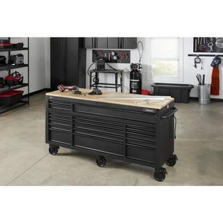 Husky 72 in. W x 24 in. D Heavy Duty 18-Drawer Mobile Workbench Cabinet with Adjustable-Height Hardwood Top in Matte Black HOLC7218BB1MYS