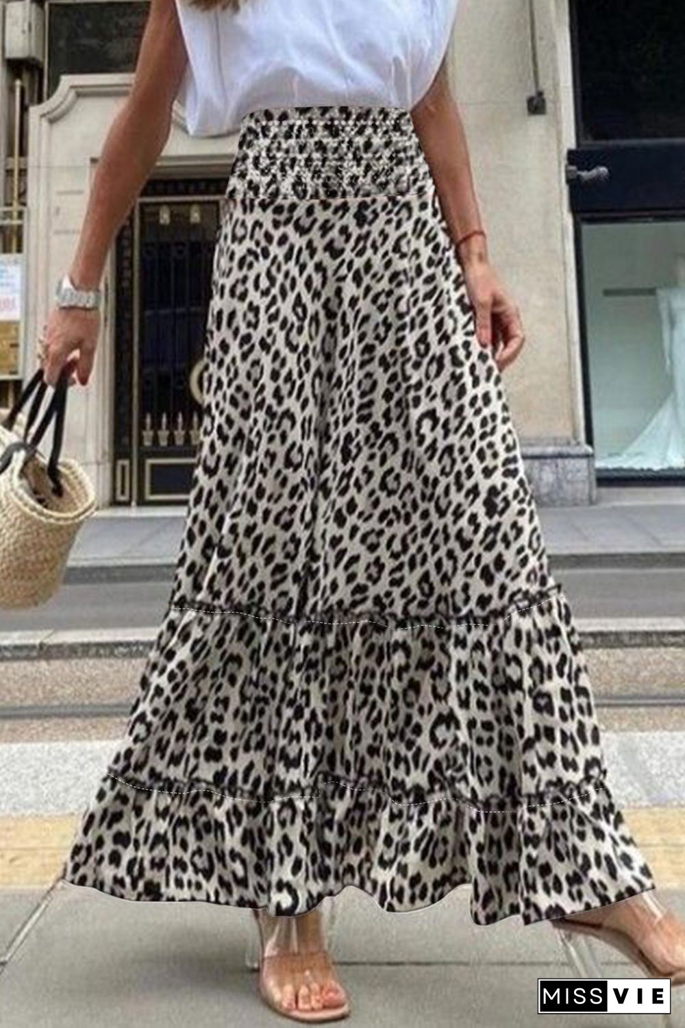 Leopard Embellished High Waist Frill Tiered Maxi Skirt