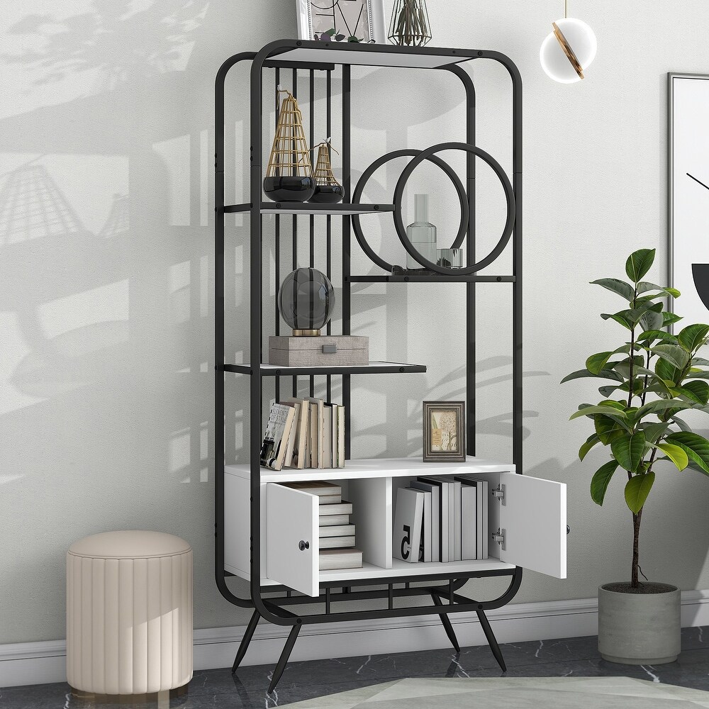 Bookcase with Cabinet Open Storage Large Bookshelf Furniture with Black Metal Frame  White