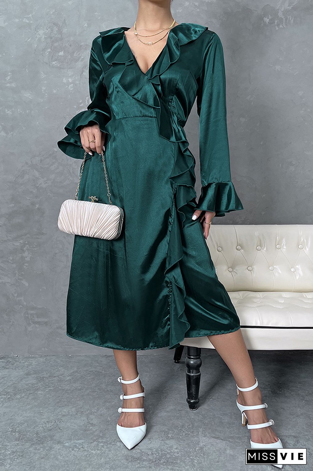 Dark Green V Neck Ruffles Midi Dress