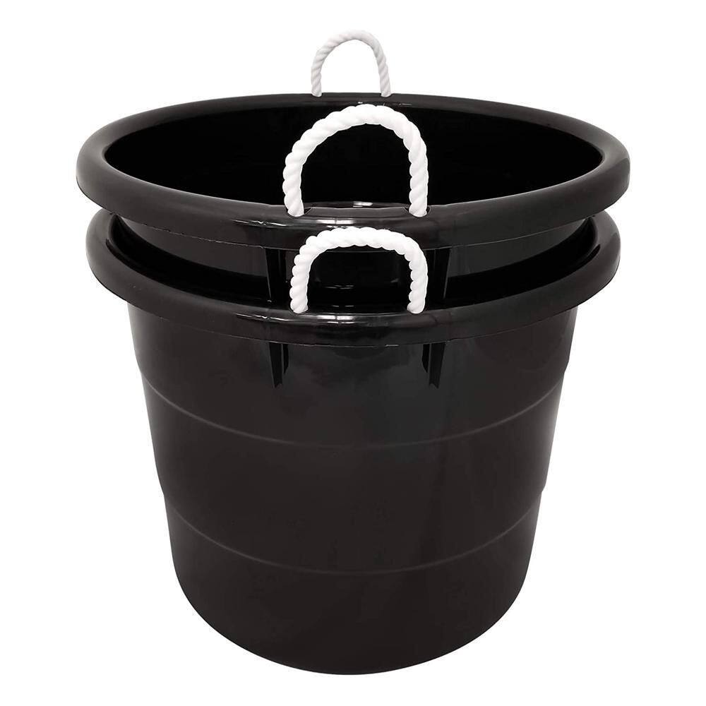 HOMZ 18 Gal. Black Plastic Utility Storage Bucket Tub with Rope Handles (4-Pack) 2 x 0402BKDC.02