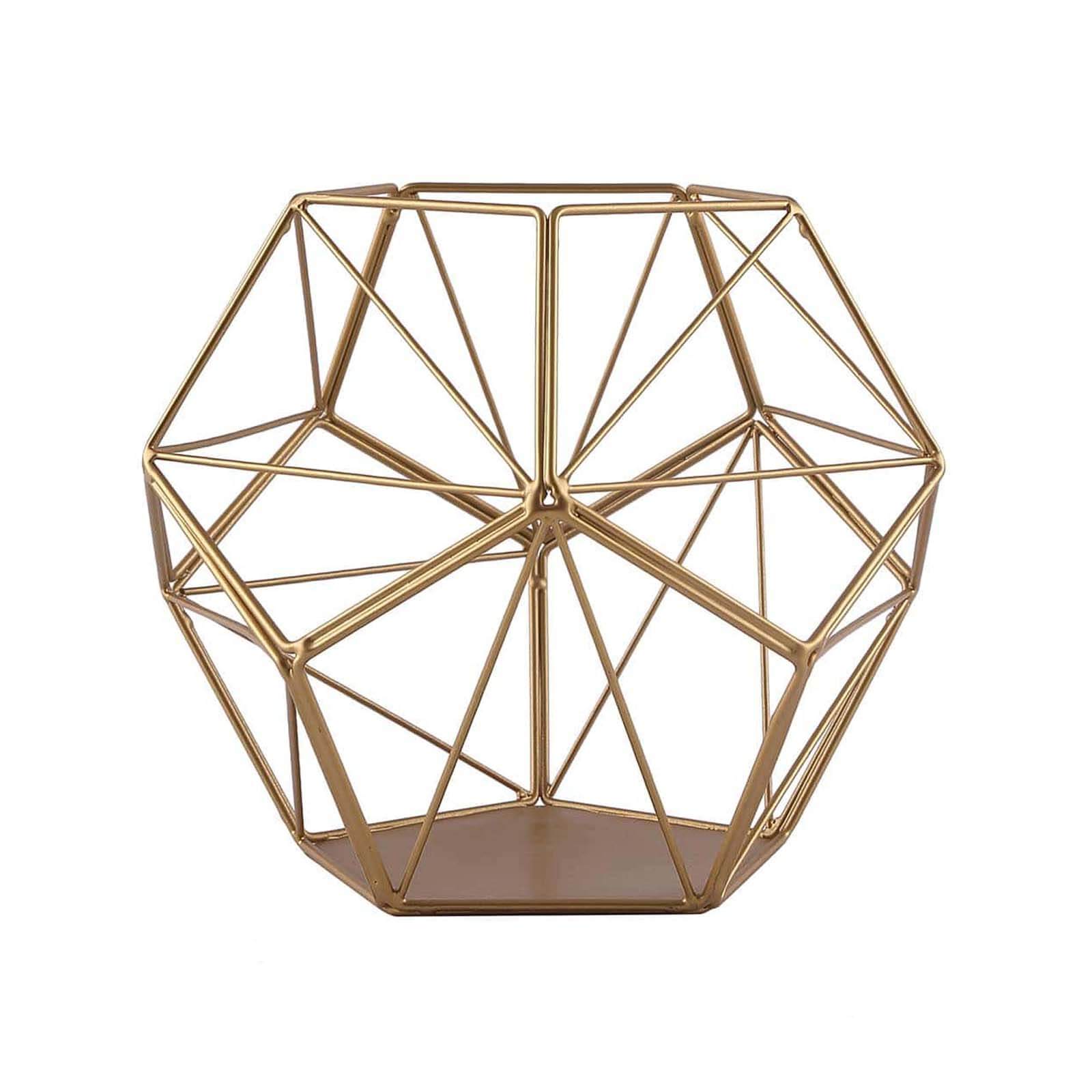 Gold Metal Pentagon Prism Tealight Candle Holder, Open Frame Geometric Flower Stand 7