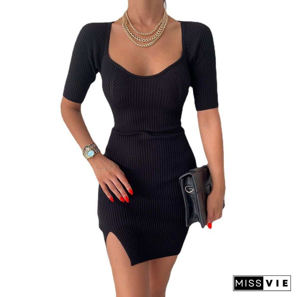 A-Line Bodycon Short Sexy Dress Summer Sexy Slim Short Sleeve V Crew Neck Knitted Sweater Mini Dress For Women Vestidos