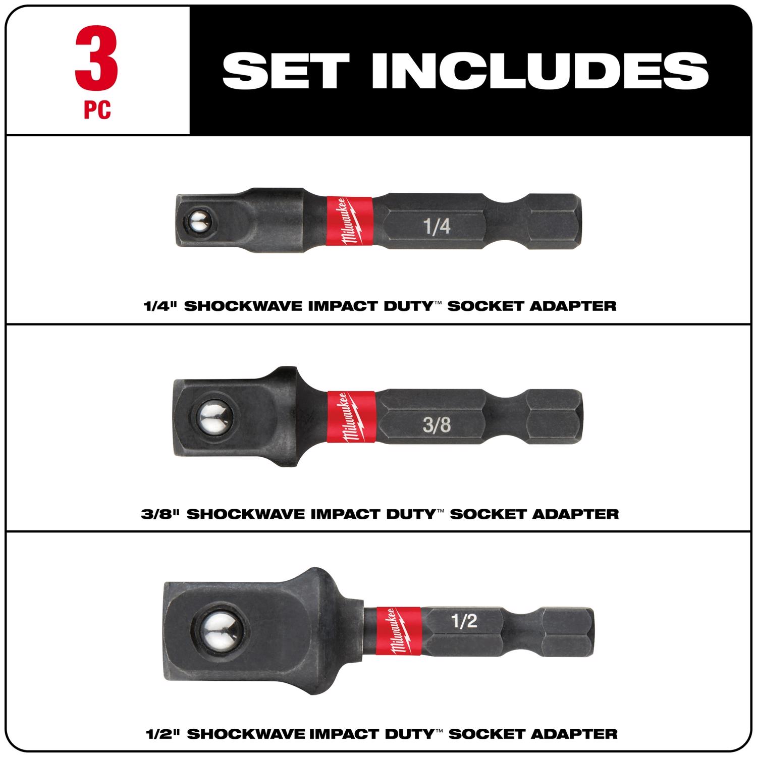 MW Shockwave Square 2 in. L Screwdriver Socket Adapter Steel 3 pc