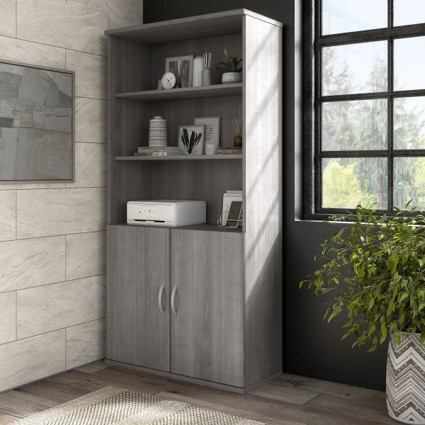 Bush Business Furniture Hybrid Tall 5 Shelf Bookcase with Doors in Platinum Gray