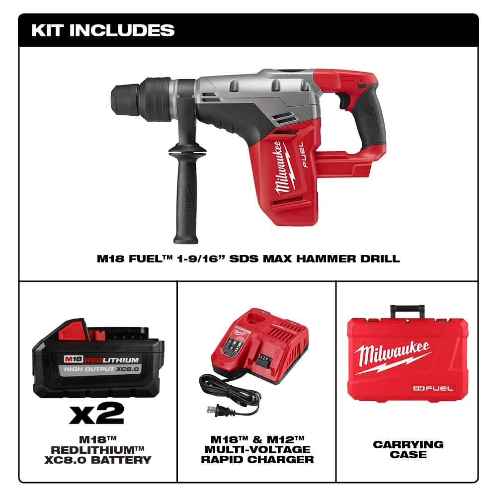 Milwaukee M18 FUEL 18V Lithium-Ion Brushless Cordless 1-9/16 in. SDS-Max Rotary Hammer Kit w/ Two 8.0Ah Batteries & Hard Case 2717-22HD