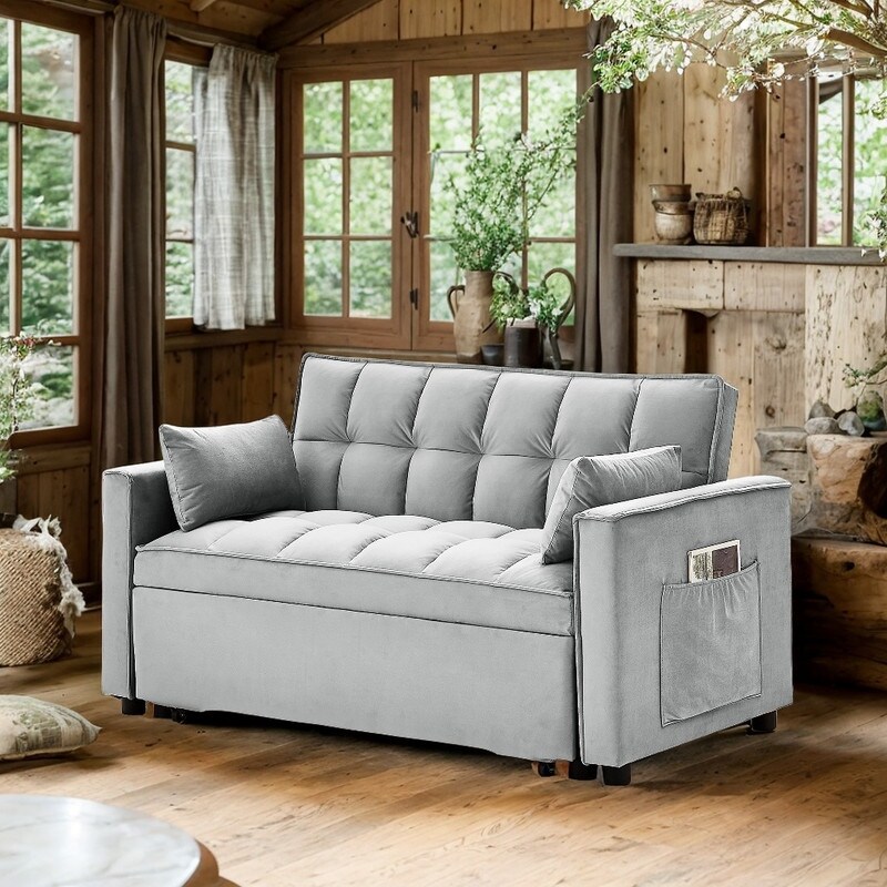 Modern Velvet Convertible Sleeper Sofa Bed  Small Love seat Sofa Bed for Living Room  Grey