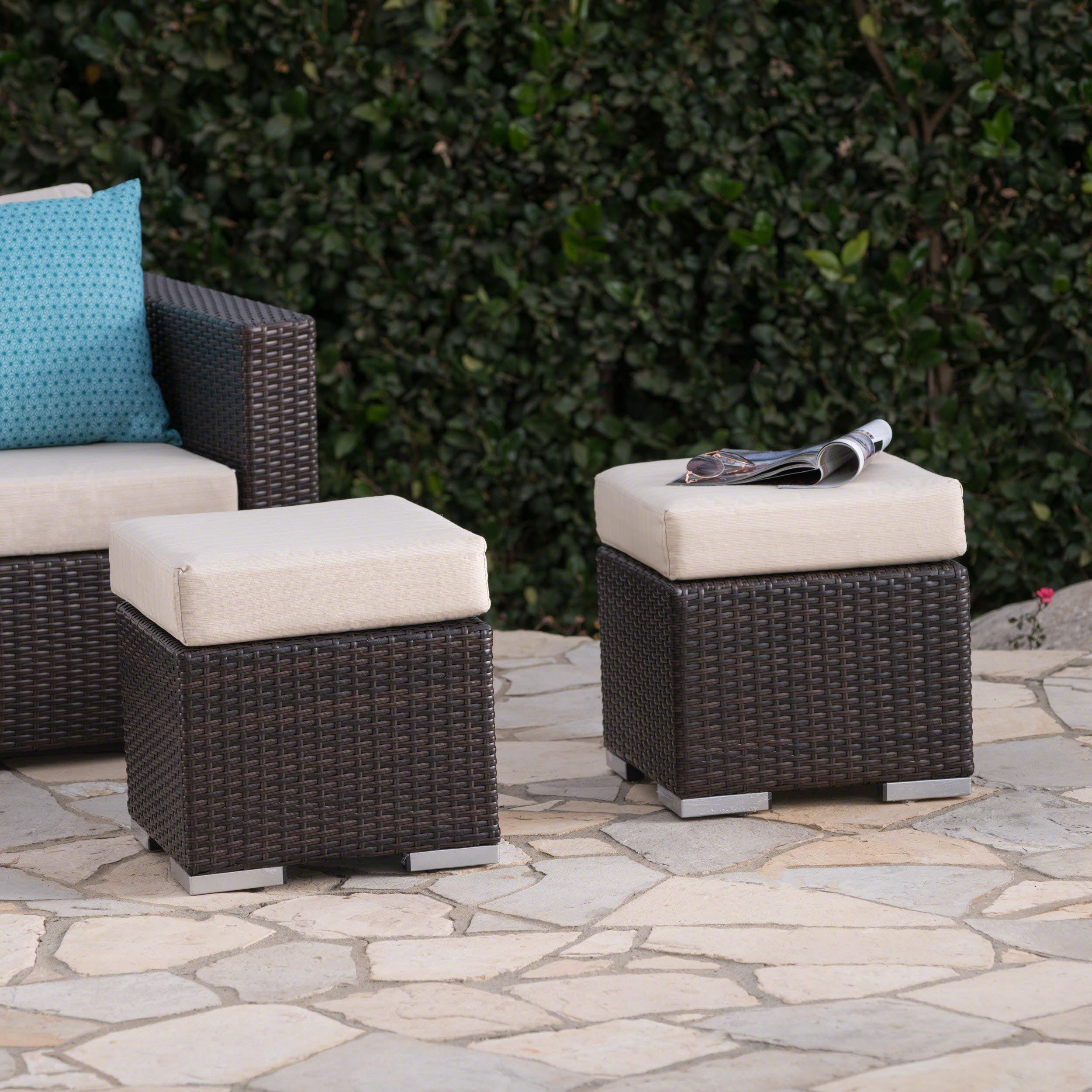 Santa Rosa Outdoor 16 Inch Wicker Ottoman Seat with Water Resistant Cushion