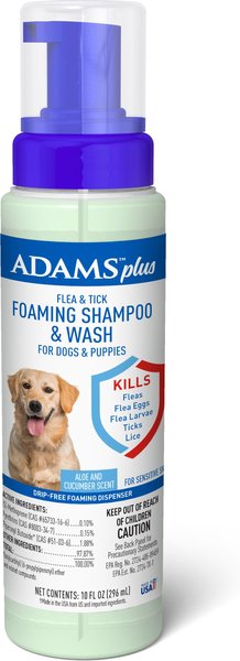 Adams Plus Flea and Tick Aloe and Cucumber Scent Sensitive Skin Foaming Dog Shampoo， 10-oz bottle